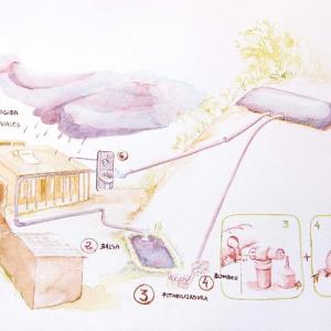 Acuarela circuito del agua en el Mas la Llum, la casa de palla